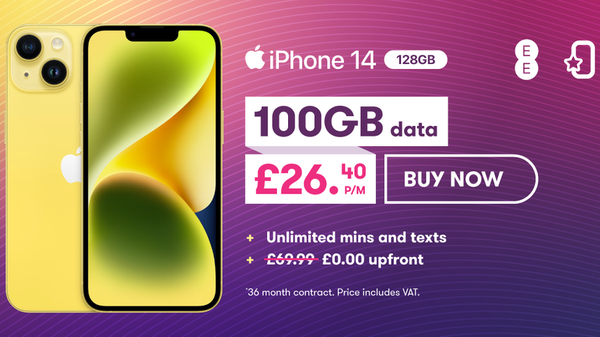 Top Mobile Deal - Apple iPhone 14 | £0 upfront + £26.40 a month