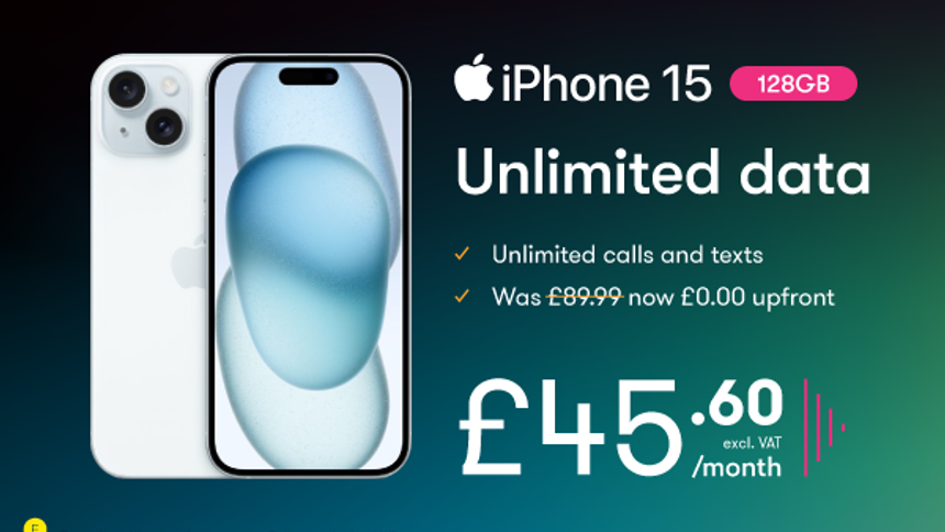 Top Mobile Deal - Apple iPhone 15 | £0 upfront + £45.60 a month